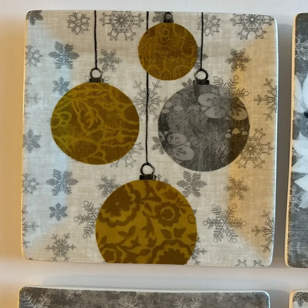 PPD Set of 4 Gold Gray Contemporary Appetizer Christmas Plates Bone China
